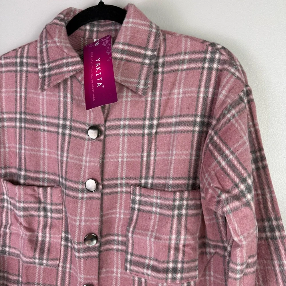 Yakita Womens Plaid Flannel Shirt Jacket Pink Button Down NWT Small - Picture 4 of 11
